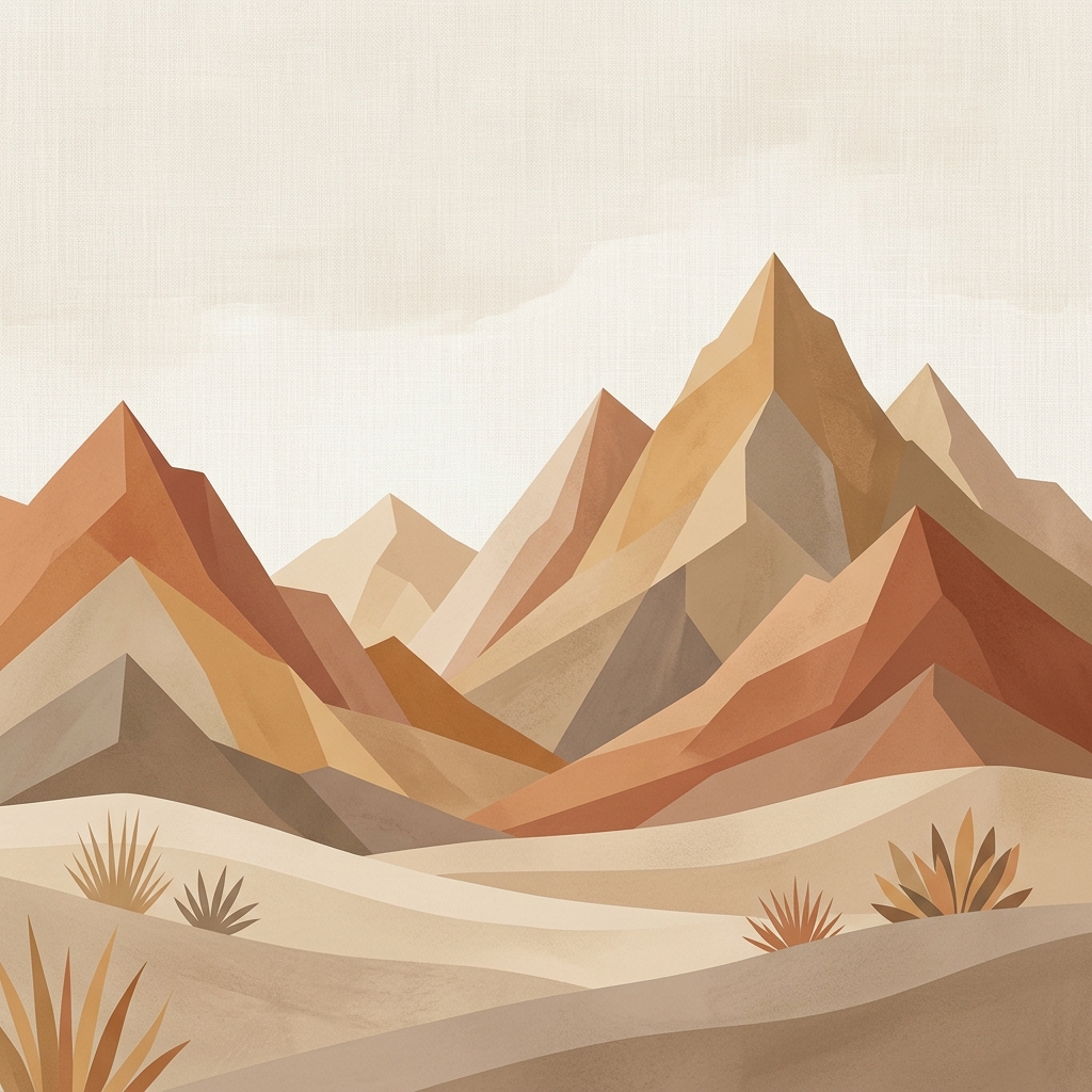 Geometric ridges rising against a neutral sky.