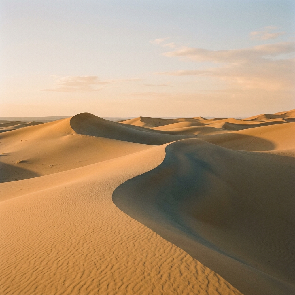 Warm winds carving patterns in the ochre sand.